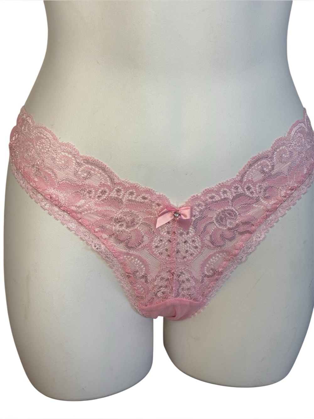 Trashy Tara thong Feminine Pink scarlet Lace Panty with Bow Detail size medium